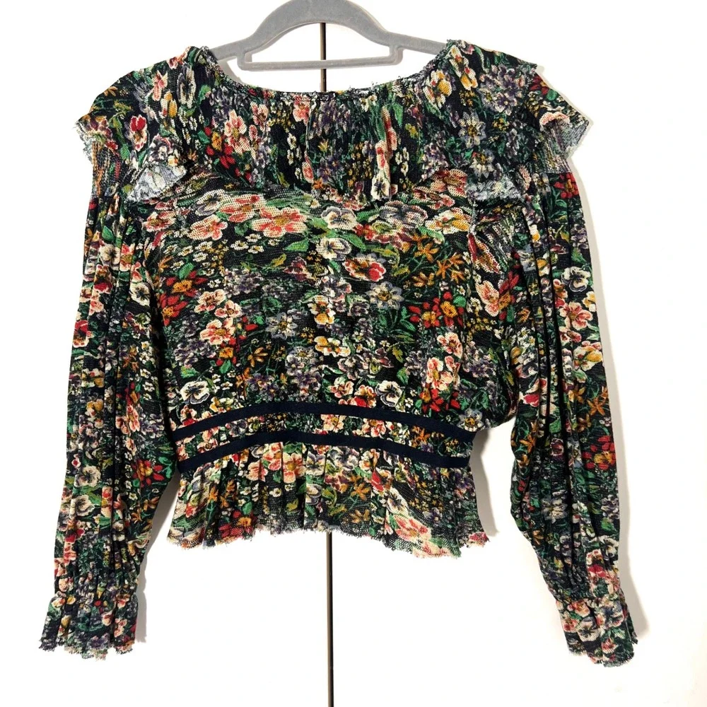 Free People Top Womens M Floral Ruffle Cropped Cotton Cottagecore Prairie Casual